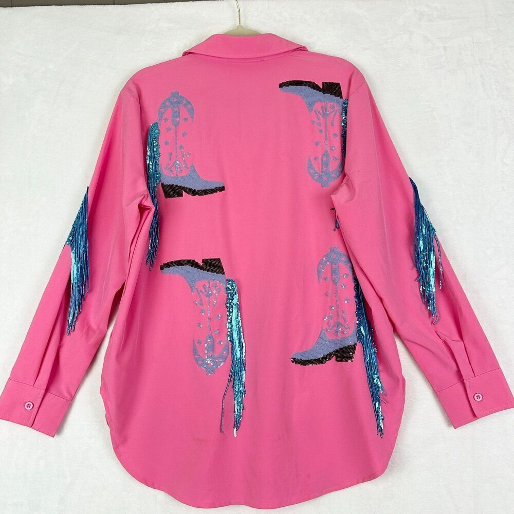 Blue B Western Cowboy Fringe Boots Shirt Size Large Rodeo Festival Sequin - Picture 3 of 7